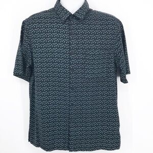 Vintage Silk Men's Black with Green Leaves Silk Button Down Size L